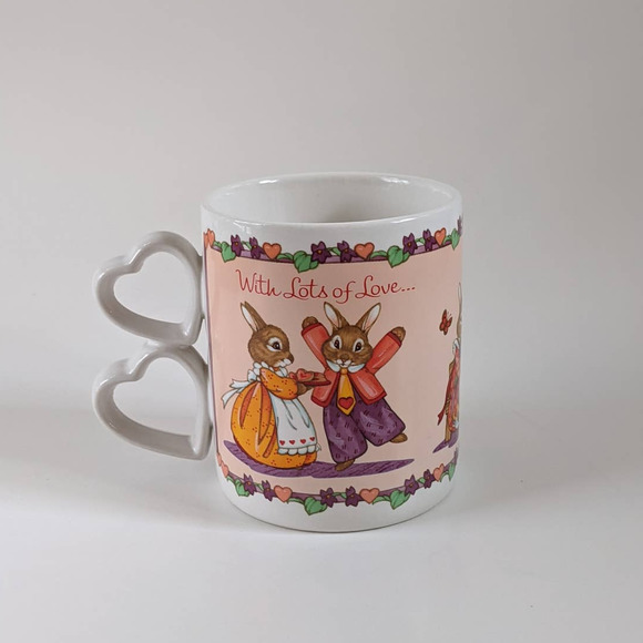 Vintage Bunny Rabbit Love Mug, Heart Shaped Handle, Valentine's Anniversary Gift - Picture 3 of 8